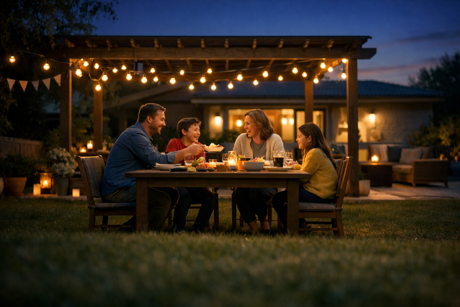 Relaxed backyard patio scene at dusk with string lights and a fire pit