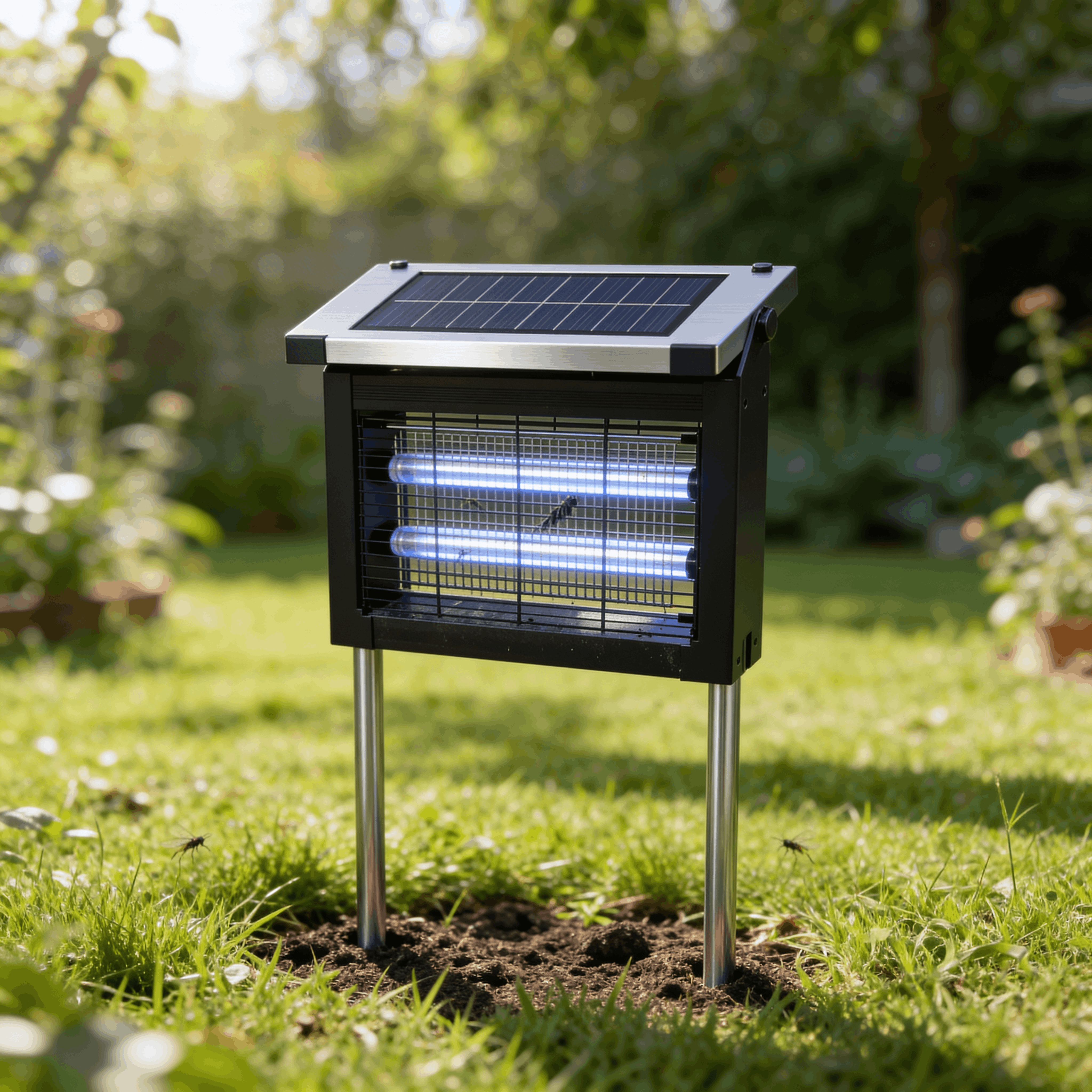 GroundGuard Sentinel Solar Bug Zapper staked in a backyard at dusk